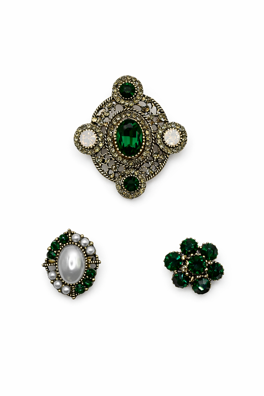 Vintage Style Emerald & Pearl Brooch Set (Set of 3)