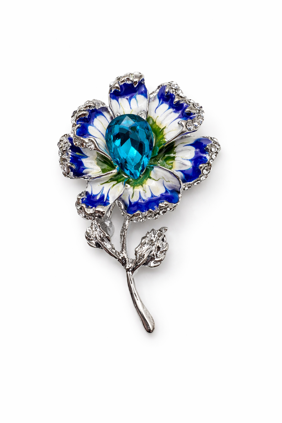 Blue Enamel Flower Brooch with Teardrop Crystal