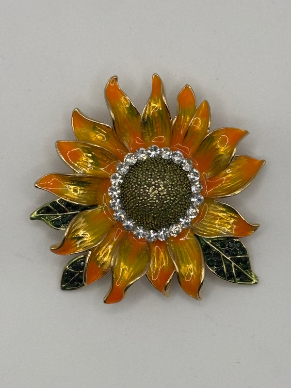 Radiant Sunflower Brooch | Golden Enamel & Crystal Bloom Pin – floral gold-plated, enamel fashion jewelry, main product image, Petit Détail