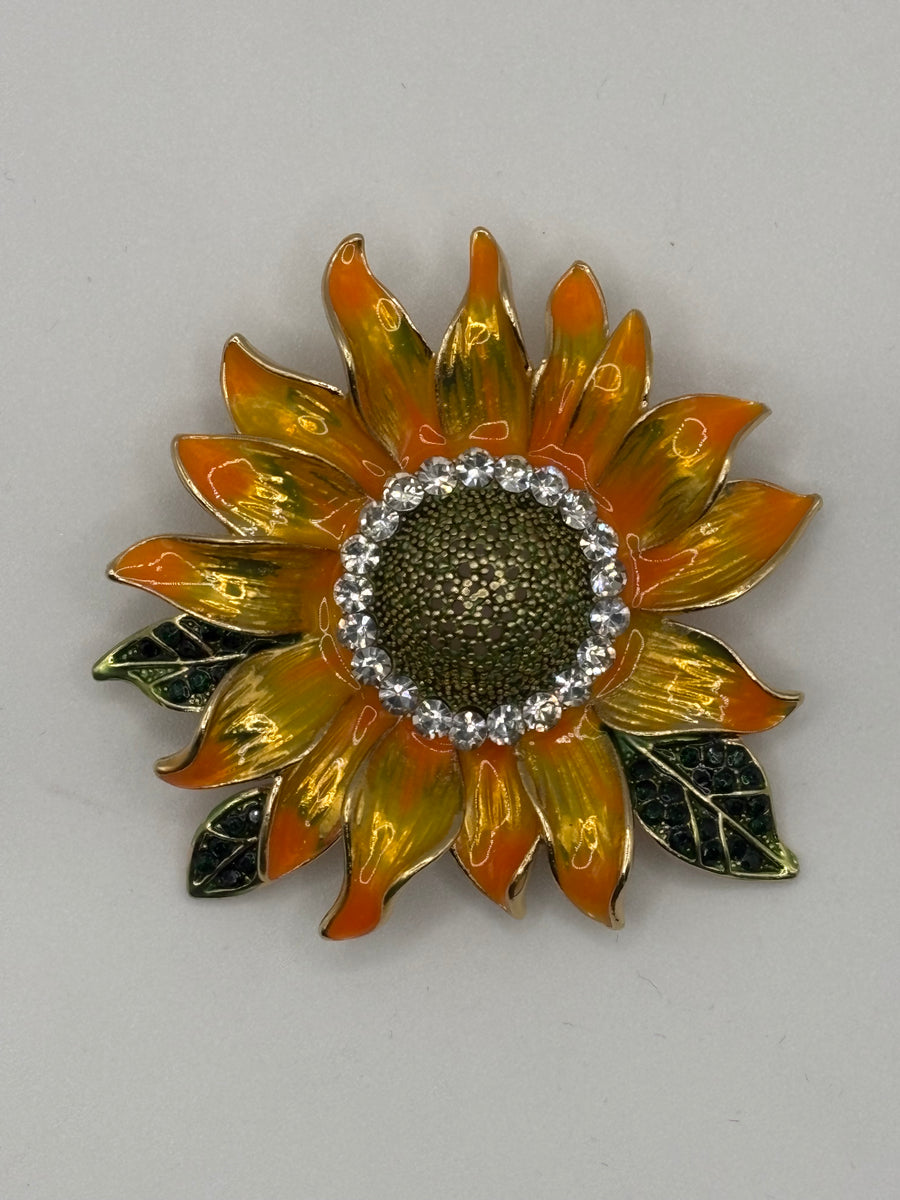 Radiant Sunflower Brooch | Golden Enamel & Crystal Bloom Pin – floral gold-plated, enamel fashion jewelry, main product image, Petit Détail