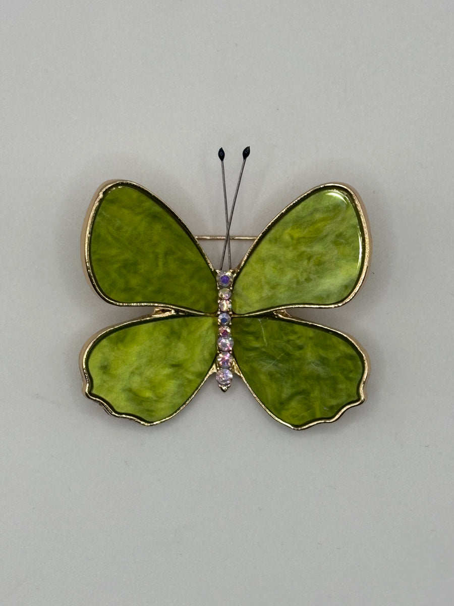 Lime Marble Butterfly Brooch | Crystal & Gold Statement Pin – green resin, metal fashion jewelry, main product image, Petit Détail