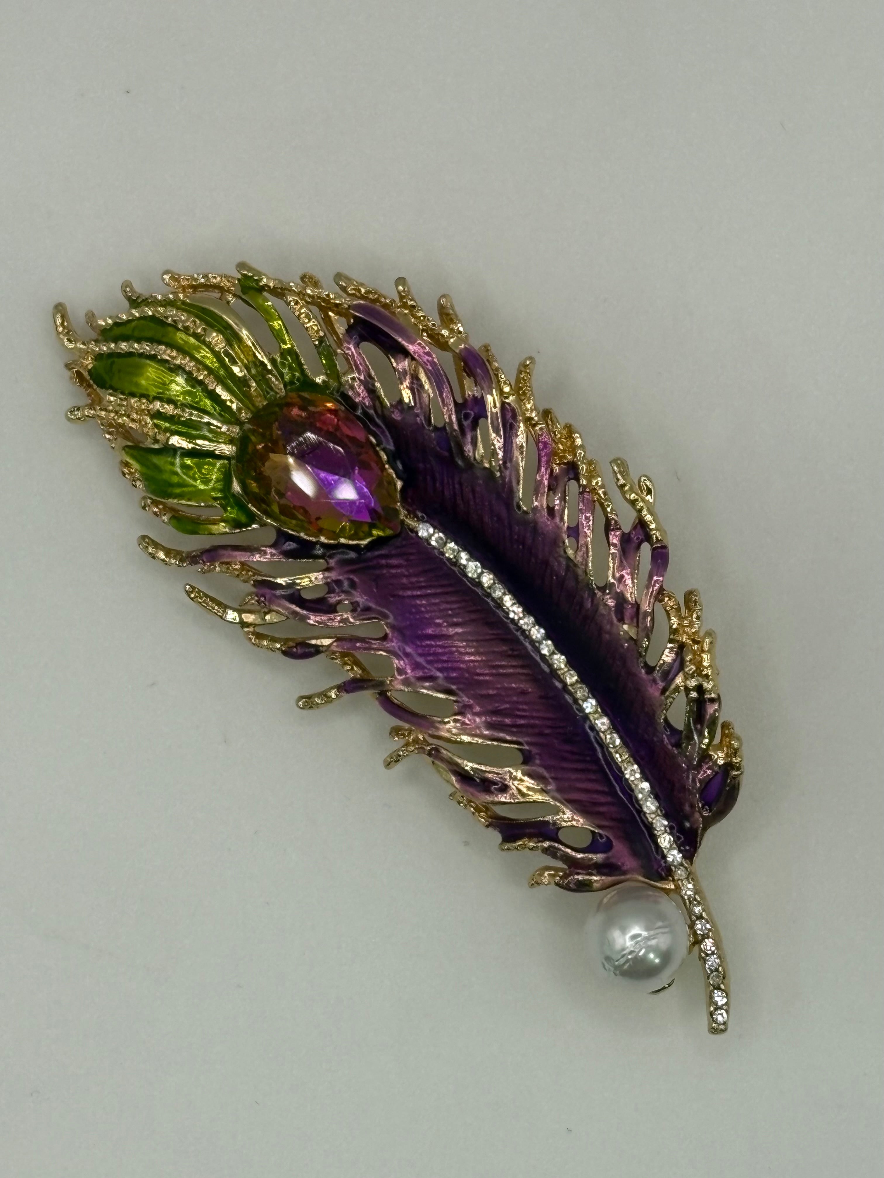 Royal Peacock Feather Brooch with Amethyst-Hued Crystal