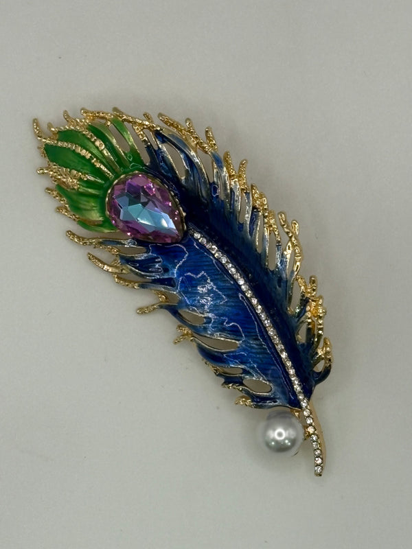 Royal Peacock Feather Brooch with Amethyst-Hued Crystal – blue; purple metal, enamel, crystal fashion jewelry, main product image, Petit Détail