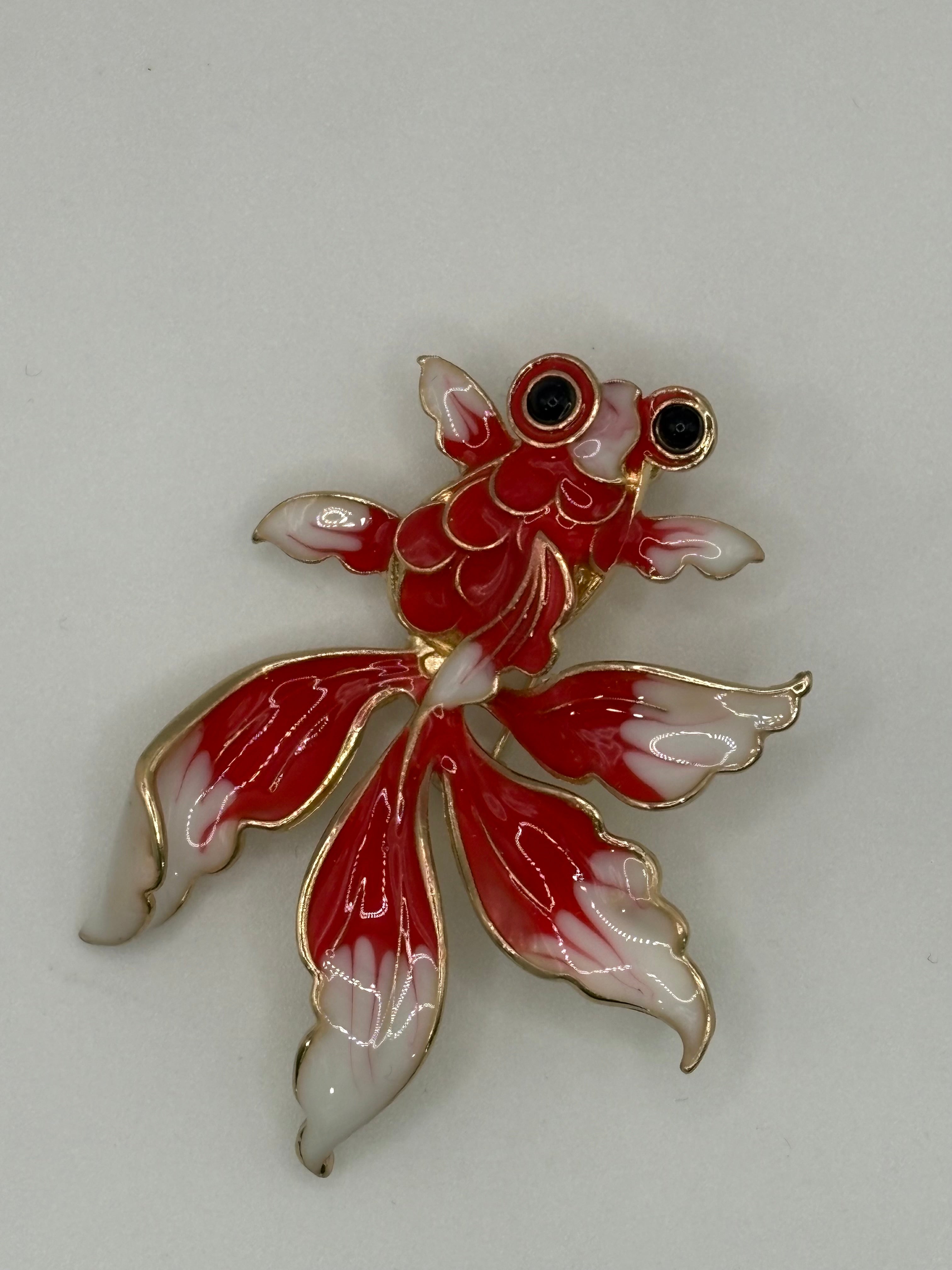Lucky Red & White Enamel Goldfish Brooch