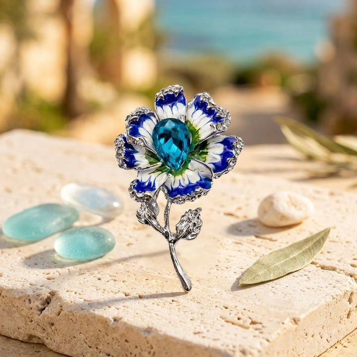 Blue Enamel Flower Brooch with Teardrop Crystal Petit Détail Lebanon