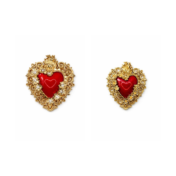 Red Enamel Sacred Heart Brooch | Gold Filigree Ex-Voto Pin (Medium or Large)
