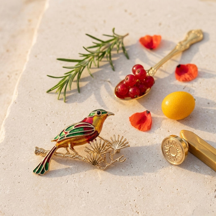 Enamel Bird on Pine Branch Brooch Petit Détail Lebanon