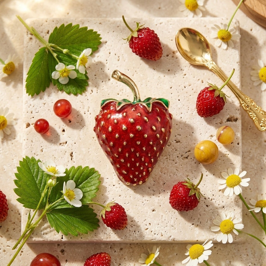 Classic Red Strawberry Brooch – Enamel & Gold Tone Petit Détail Lebanon