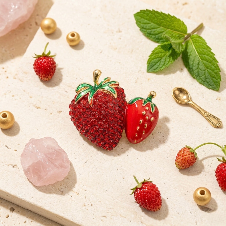 Sparkling Double Strawberry Brooch – Crystal & Enamel Petit Détail Lebanon