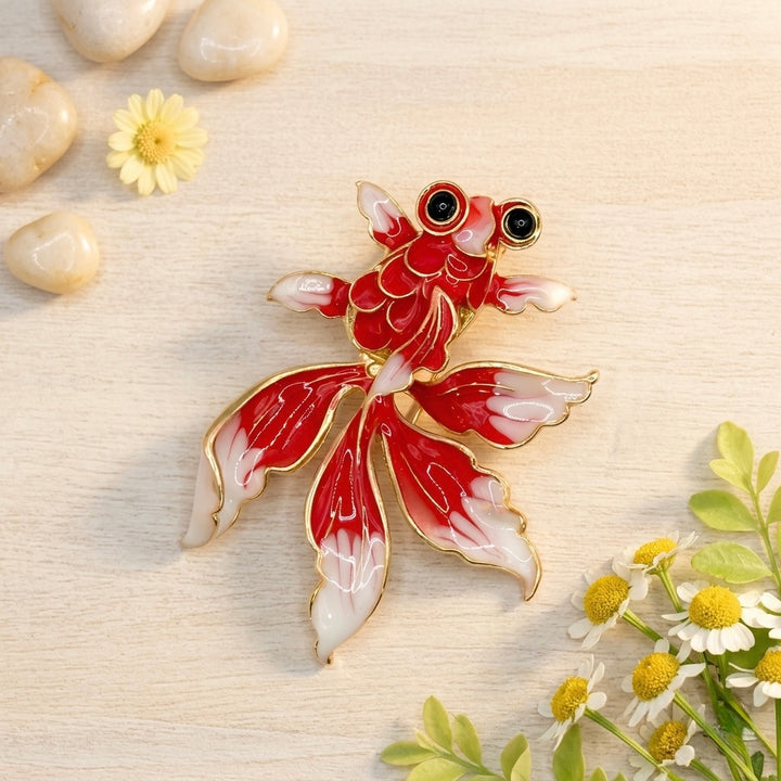 Lucky Red & White Enamel Goldfish Brooch Petit Détail Lebanon
