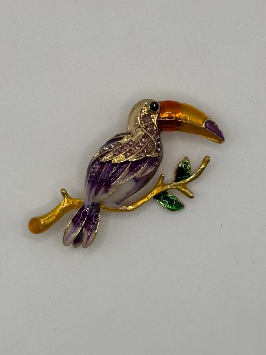 Tropical Toucan Enamel Brooch | Purple & Orange Bird Pin with Crystals - purple orange, tropical toucan bird brooch pin, enamel bird brooch