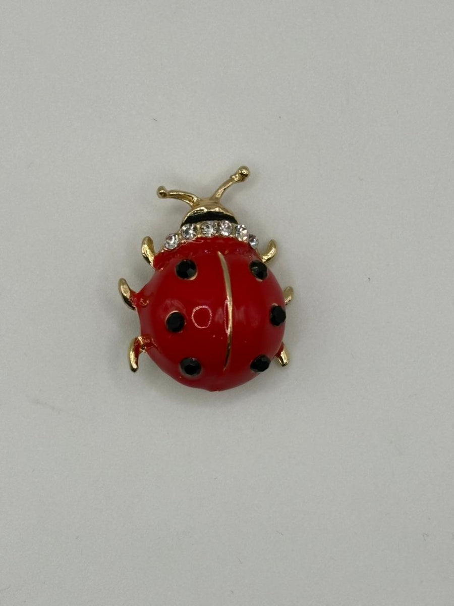 Lucky Ladybug Enamel Brooch | Red Beetle Pin with Crystal Collar