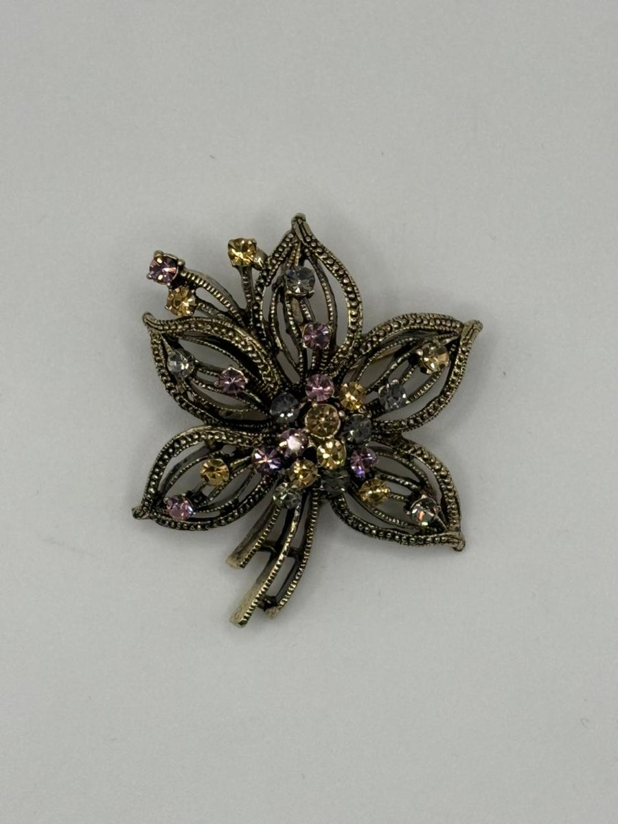 Vintage Bronze Crystal Flower Brooch | Antique Style Pastel Pin - bronze antique, vintage flower brooch pin, crystal-accent brooch, crystal