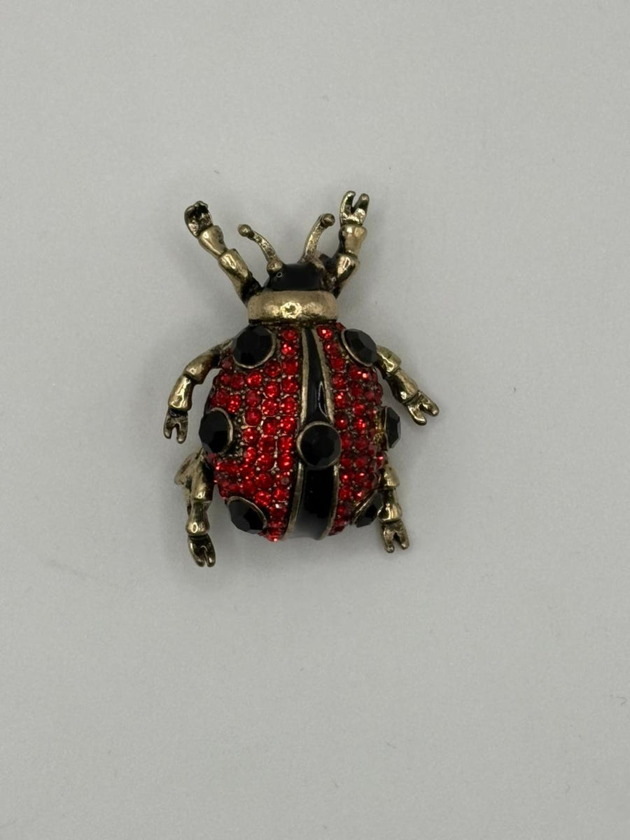Vintage Pave Red Ladybug Brooch | Crystal Beetle Pin with Antique Gold
