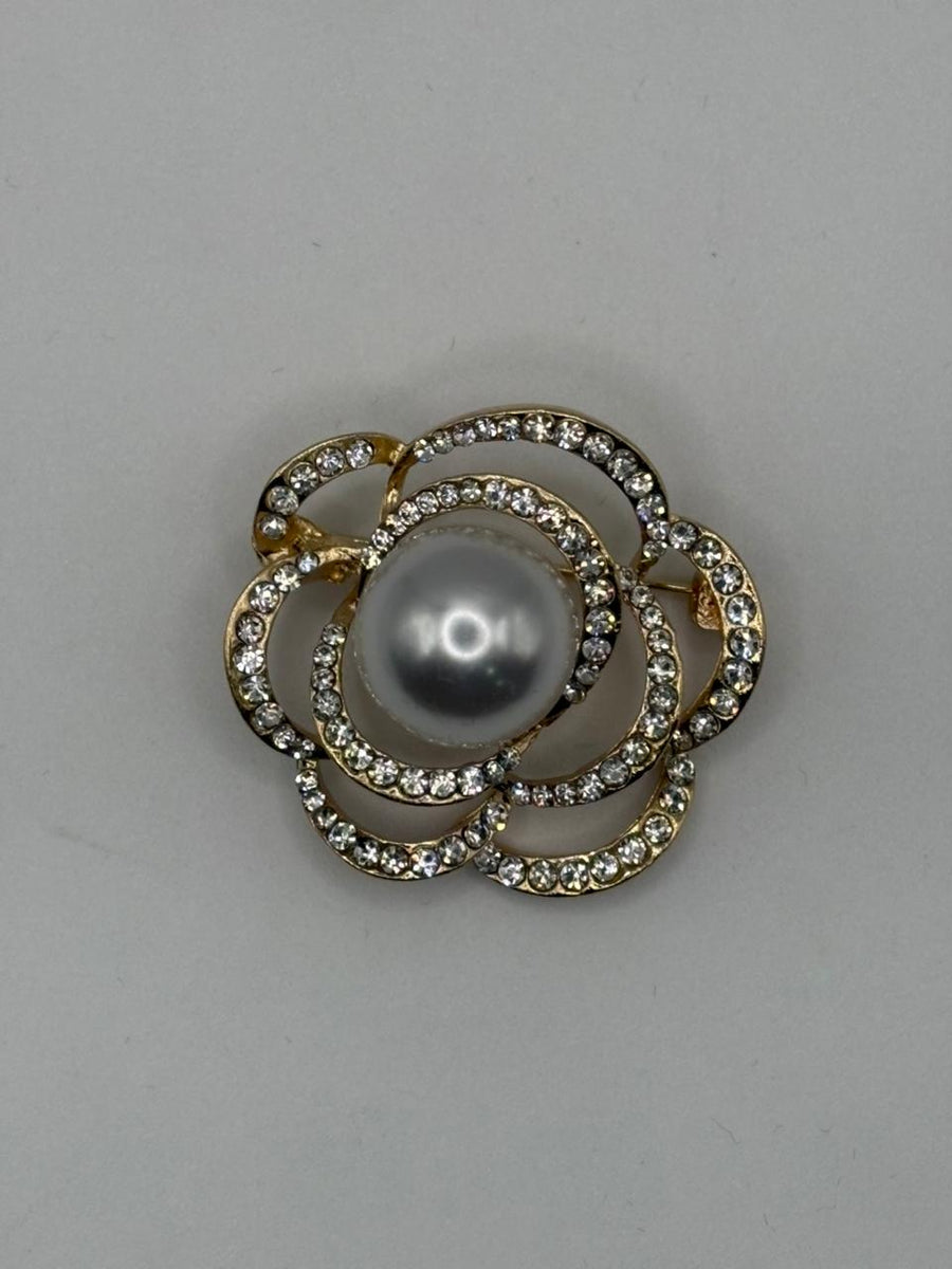 Crystal & Grey Pearl Camellia Brooch | Gold Openwork Flower Pin – floral metal fashion jewelry, main product image, Petit Détail