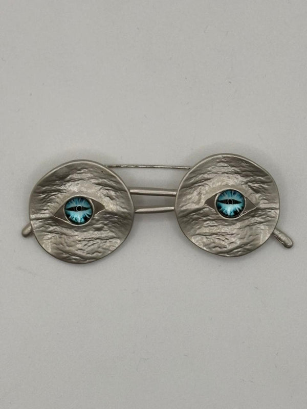 Surrealist Eye Glasses Brooch | Textured Silver Spectacles Pin - silver red, silver eyeglasses brooch pin, surreal eye motif brooch, metal