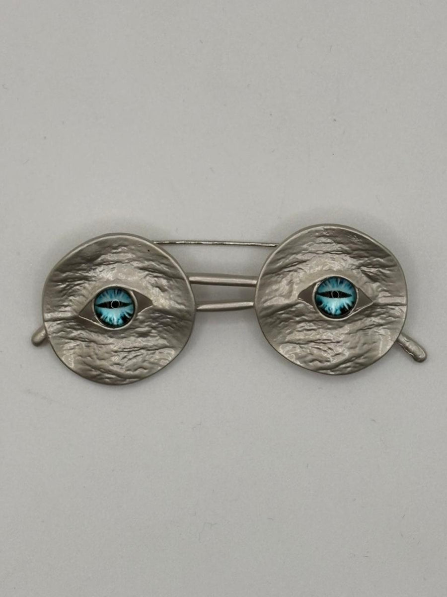 Surrealist Eye Glasses Brooch | Textured Silver Spectacles Pin - silver red, silver eyeglasses brooch pin, surreal eye motif brooch, metal