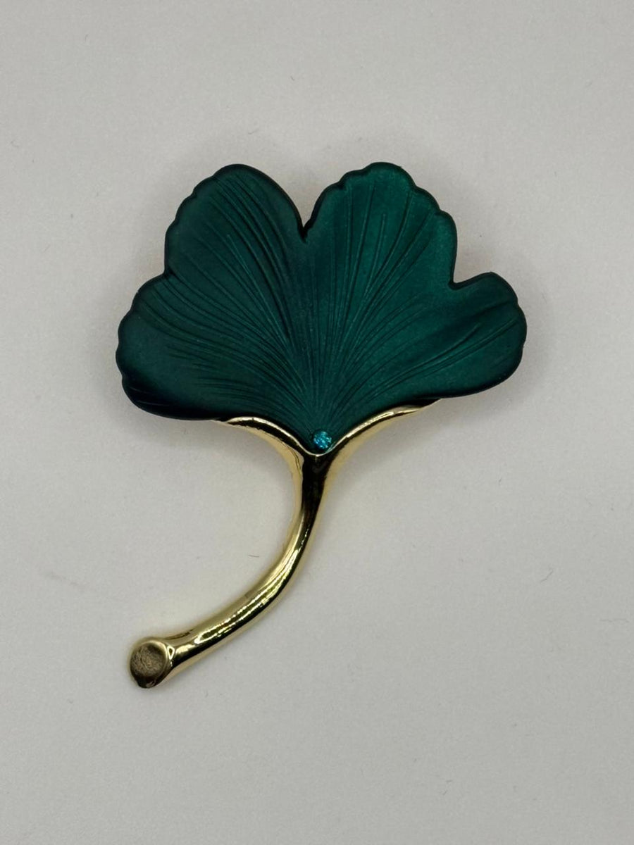 Frosted Ginkgo Leaf Brooch Collection | Matte Gold-Stem Nature Pin - Color: green