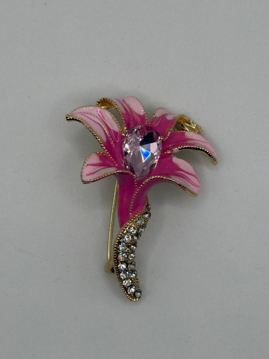 Pink Lily Enamel & Crystal Brooch | Fuchsia Floral Pin - pink lily flower brooch, enamel petals, pear-shaped pink crystal