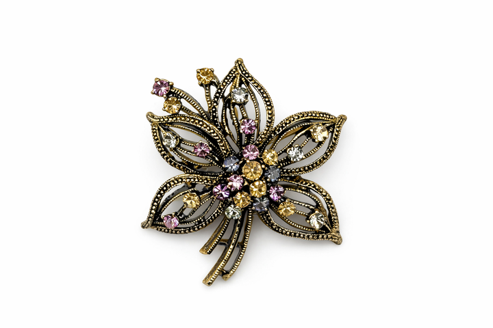 Vintage Bronze Crystal Flower Brooch | Antique Style Pastel Pin Petit Détail Lebanon