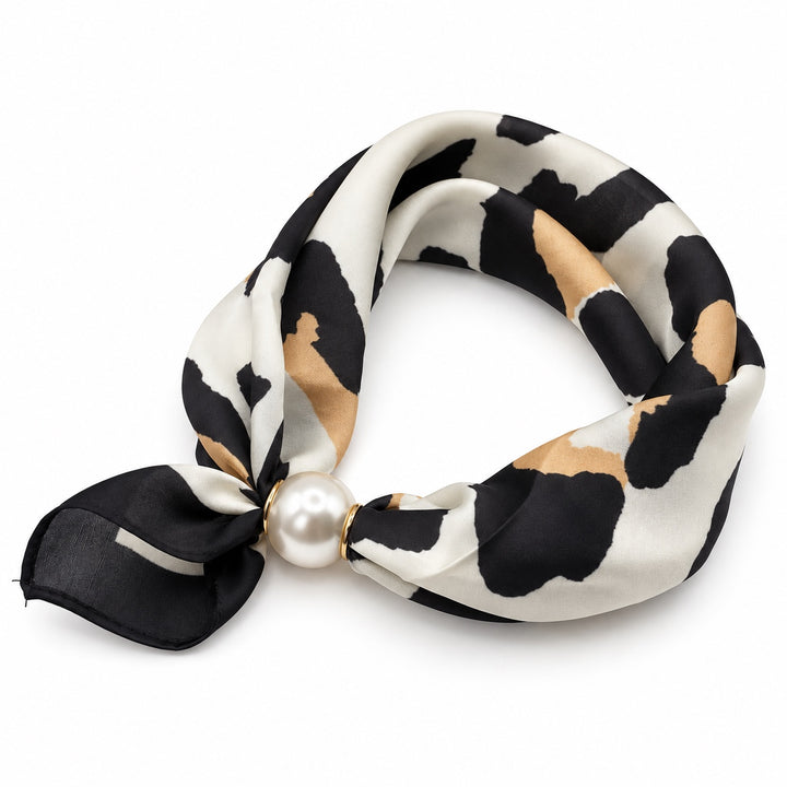 Black ivory and camel animal print magnetic scarf with pearl magnetic closure