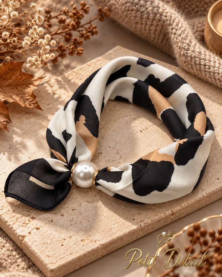 Black ivory and camel animal print magnetic scarf with pearl magnetic closure