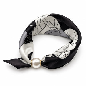 Black and ivory floral magnetic scarf with pearl magnetic closure