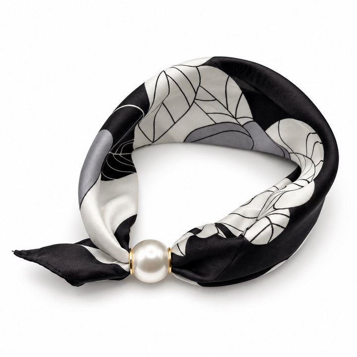 Black and ivory floral magnetic scarf with pearl magnetic closure