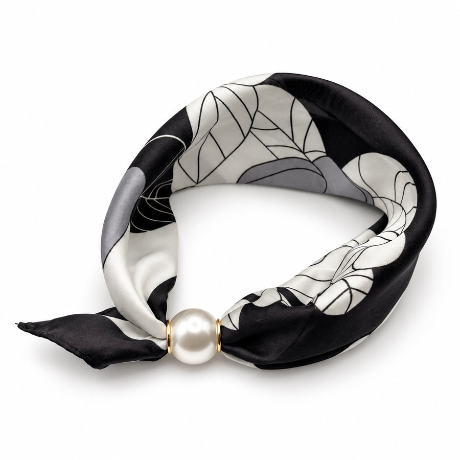 Black and ivory floral magnetic scarf with pearl magnetic closure