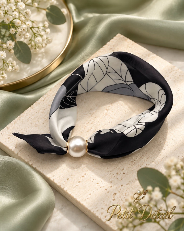 Black and ivory floral magnetic scarf with pearl magnetic closure