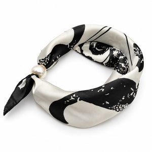 Black and ivory graphic magnetic scarf with pearl magnetic closure