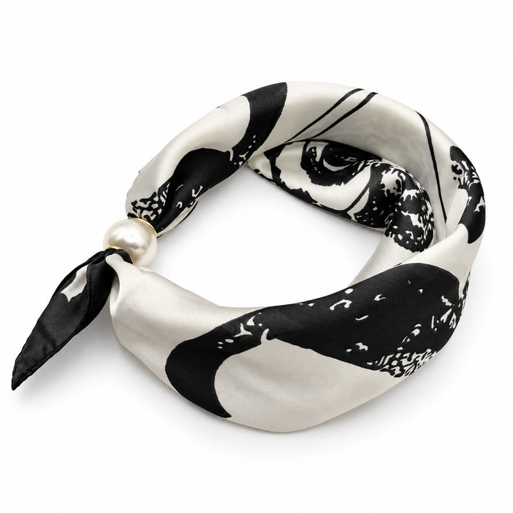 Black and ivory graphic magnetic scarf with pearl magnetic closure