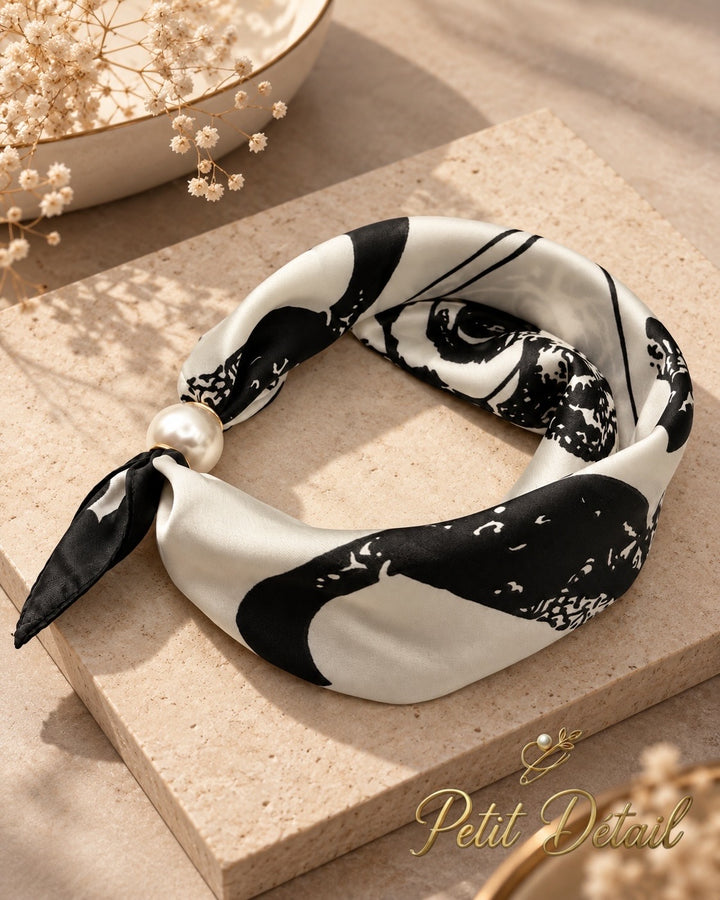 Black and ivory graphic magnetic scarf with pearl magnetic closure