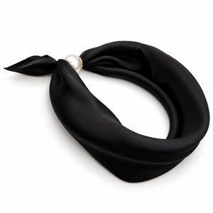 Black satin magnetic scarf with pearl magnetic closure on white background