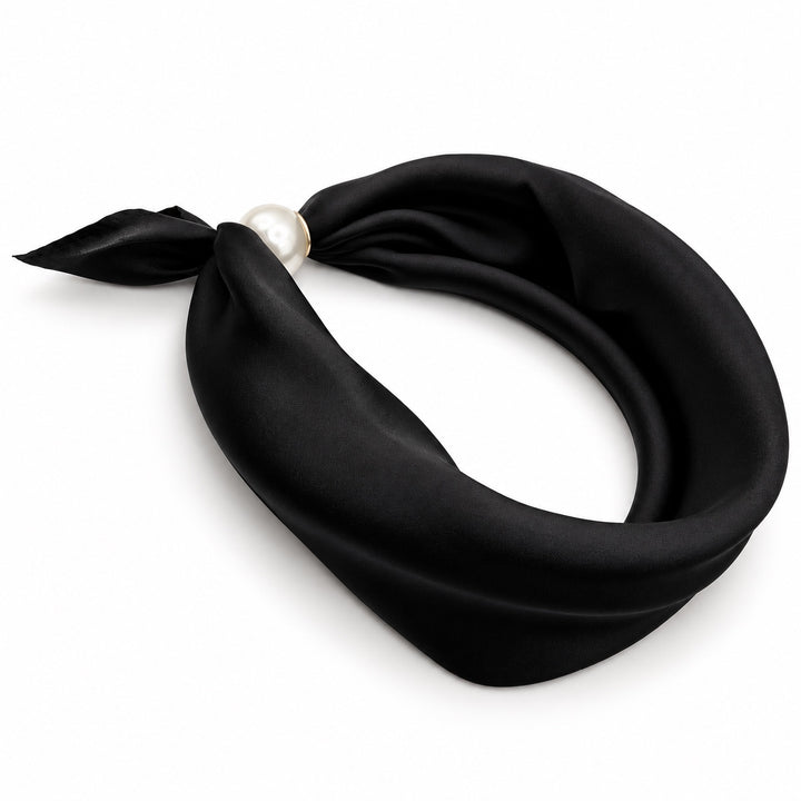 Black satin magnetic scarf with pearl magnetic closure on white background