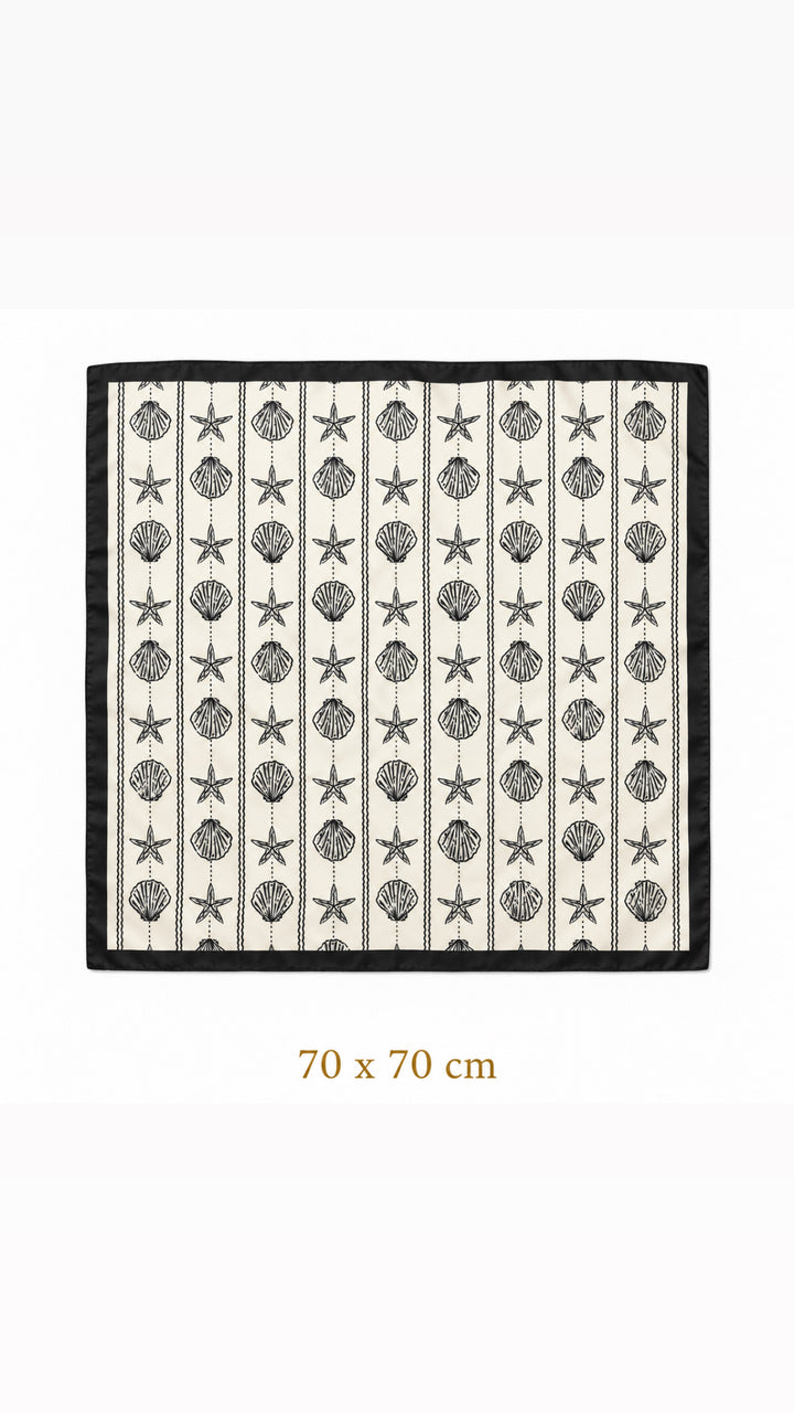 Black and cream seashell and starfish square scarf, 70 × 70 cm