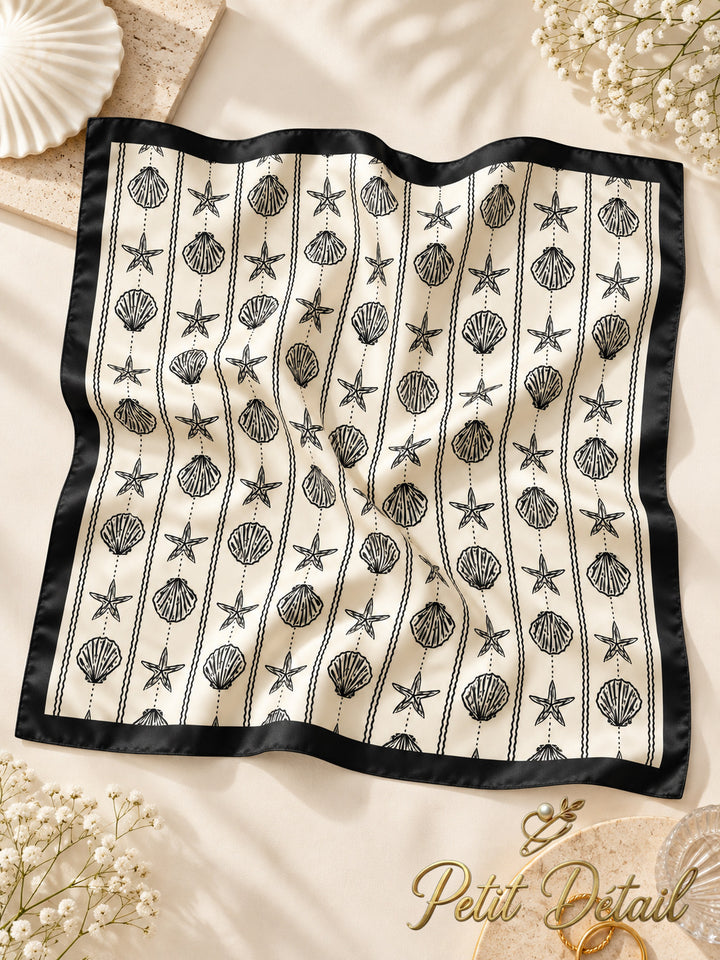 Black and cream seashell and starfish square scarf, 70 × 70 cm