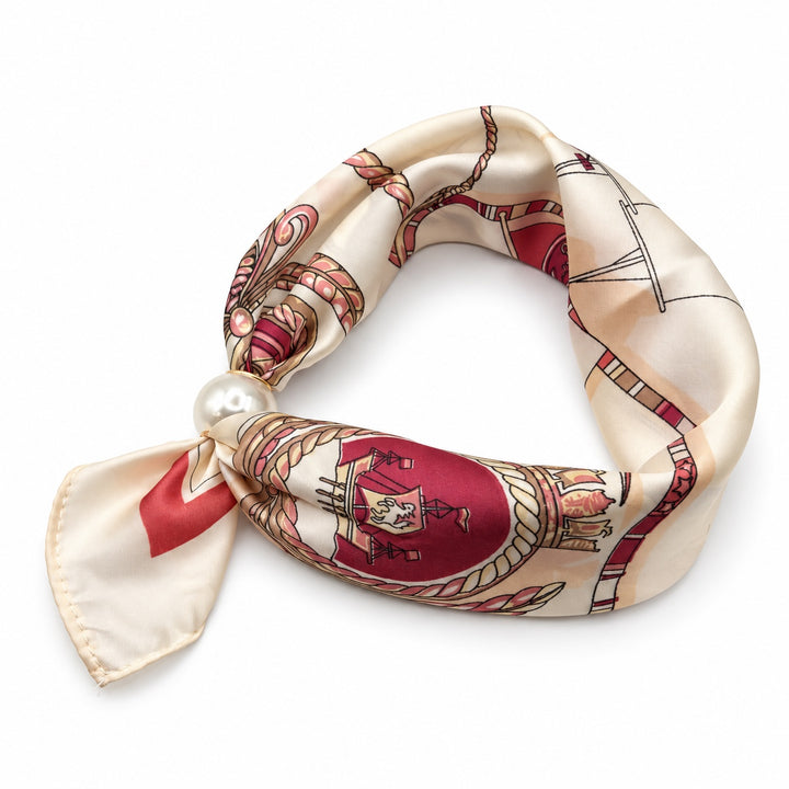Ivory and burgundy equestrian print magnetic scarf with pearl magnetic closure on white background