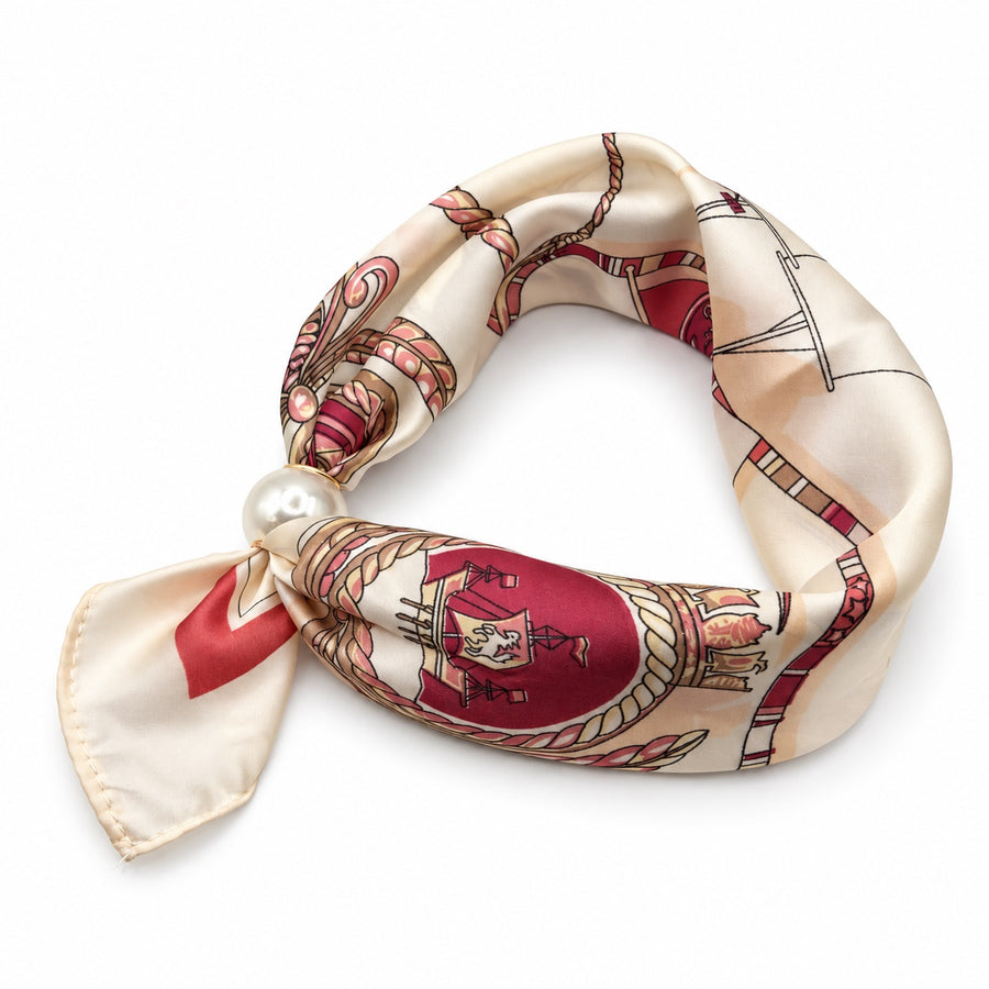 Ivory and burgundy equestrian print magnetic scarf with pearl magnetic closure on white background