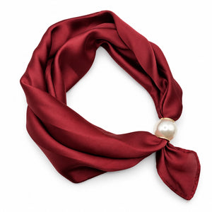 Burgundy satin magnetic scarf with pearl magnetic closure on white background
