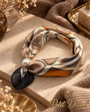Camel, ivory and orange equestrian magnetic scarf with pearl magnetic closure styled on a warm neutral background