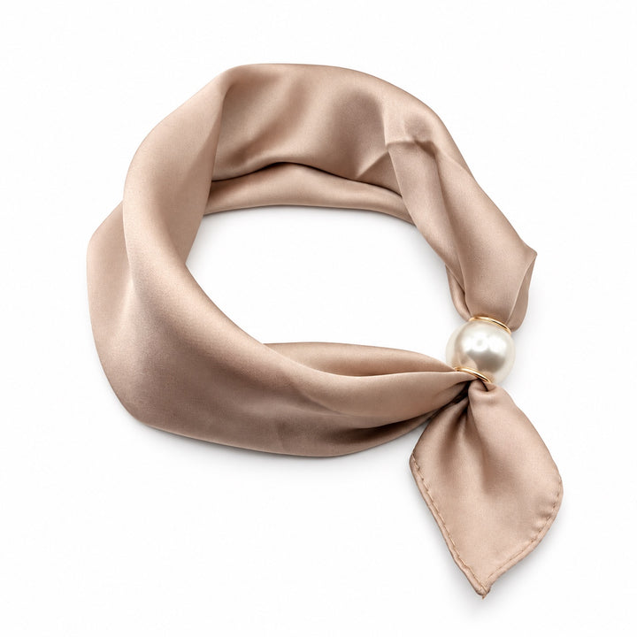 Champagne beige magnetic scarf with pearl magnetic closure on white background