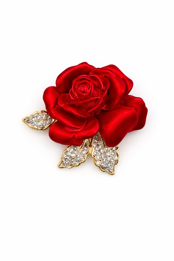 Crimson Velvet Rose Brooch with Crystal Leaves Default Title Petit Détail Lebanon
