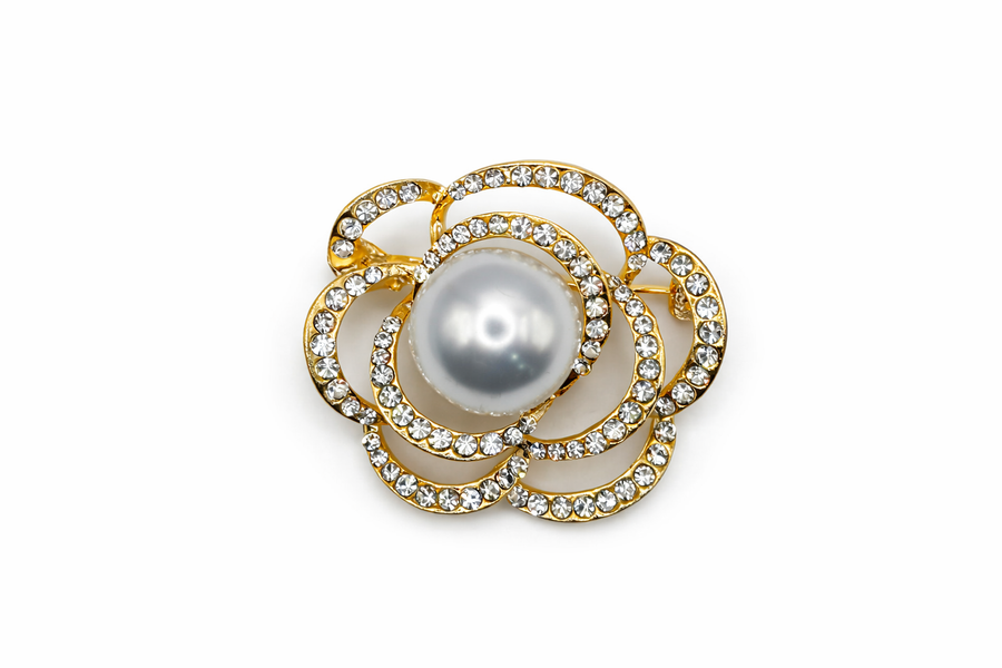 Crystal & Grey Pearl Camellia Brooch Default Title Petit Détail Lebanon