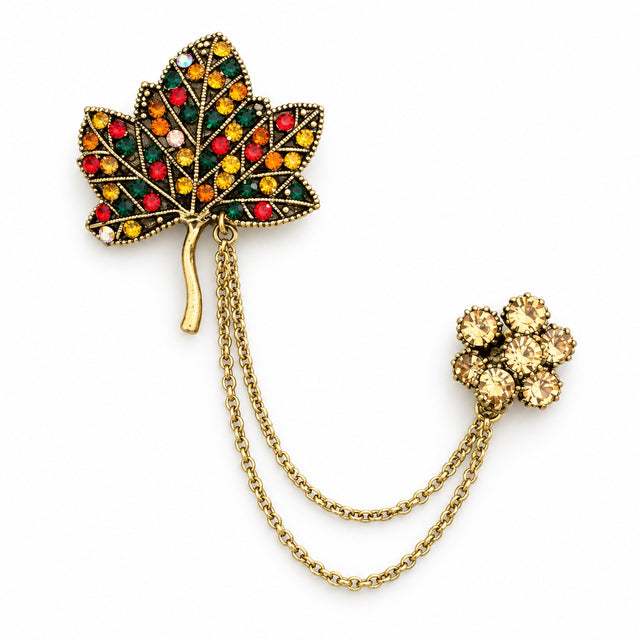 Multicolor Crystal Maple Leaf Chatelaine Brooch