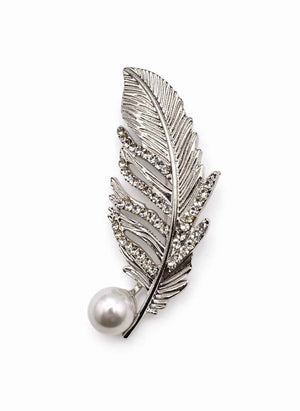 Crystal & Pearl Feather Brooch (Gold or Silver) Silver Petit Détail Lebanon