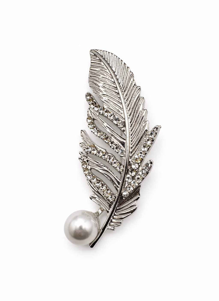 Crystal & Pearl Feather Brooch (Gold or Silver) Petit Détail Lebanon