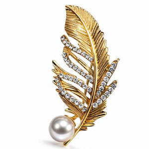 Crystal & Pearl Feather Brooch (Gold or Silver) Gold Petit Détail Lebanon