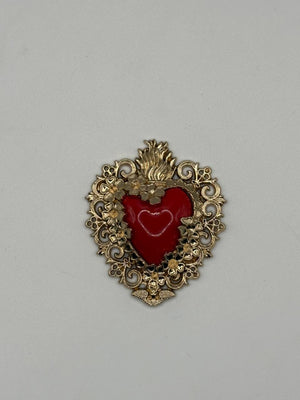 Red Enamel Sacred Heart Brooch | Gold Filigree Ex-Voto Pin (Medium or Large) – gold enamel, metal fashion jewelry, main product image, Petit Détail