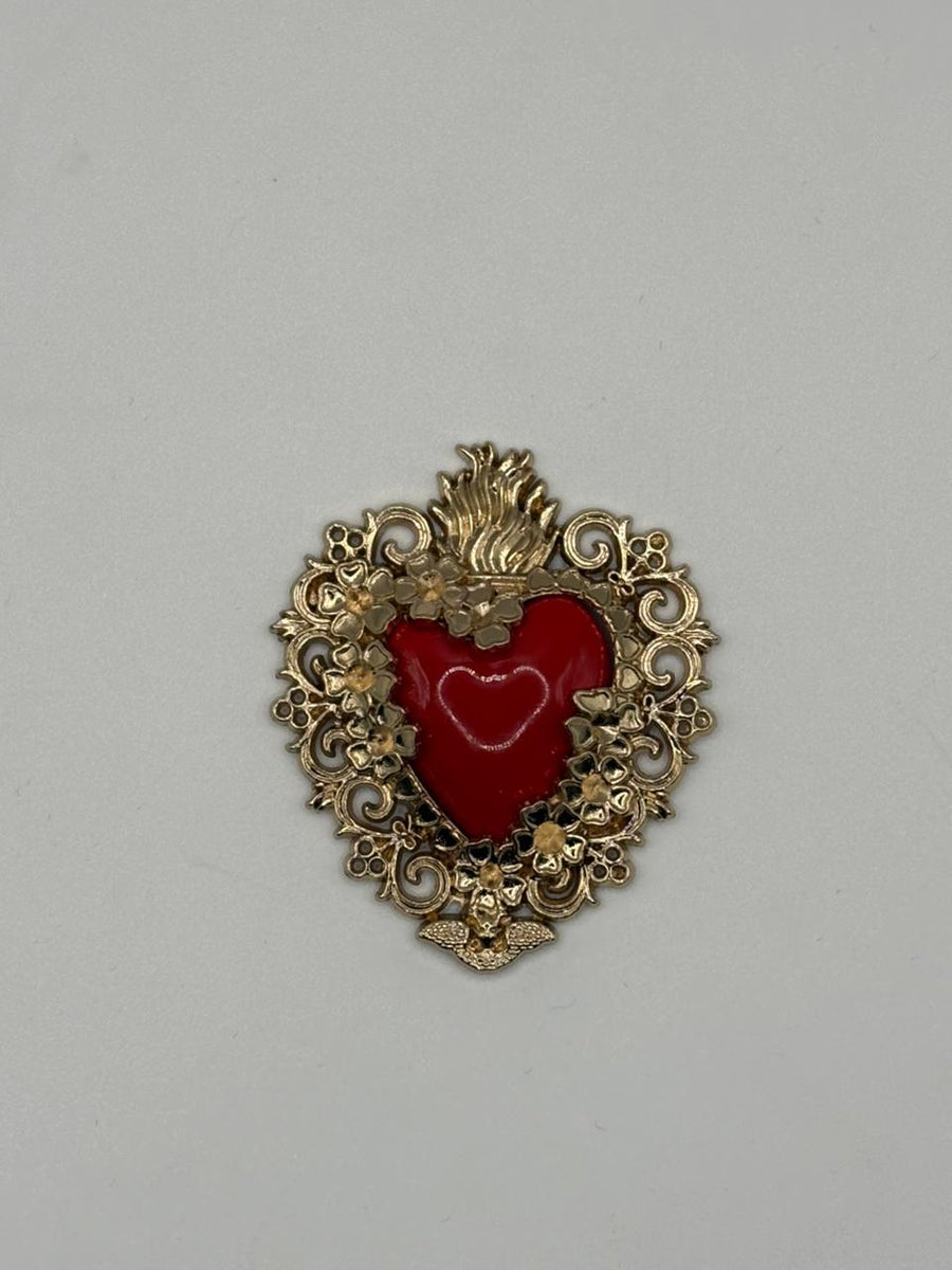 Red Enamel Sacred Heart Brooch | Gold Filigree Ex-Voto Pin (Medium or Large) – gold enamel, metal fashion jewelry, main product image, Petit Détail